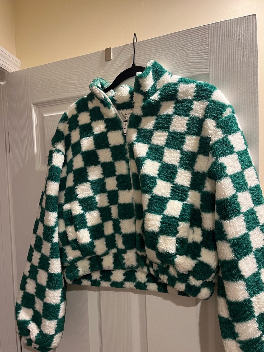 Green and White Checker Plush Zip-Up Puffer Jacket